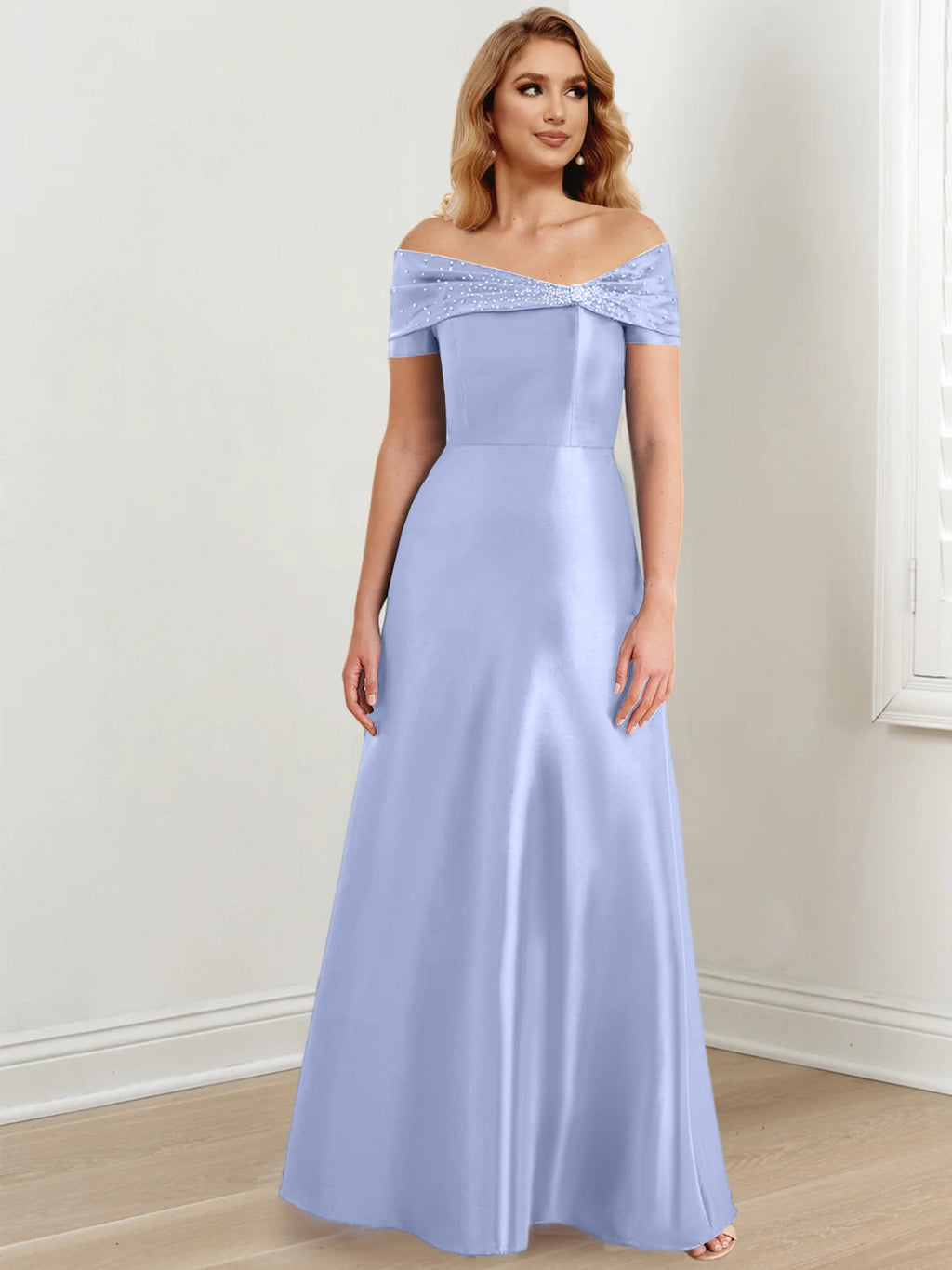 Vestidos de madre de la novia de corte A/princesa, hombros descubiertos y largo hasta el suelo