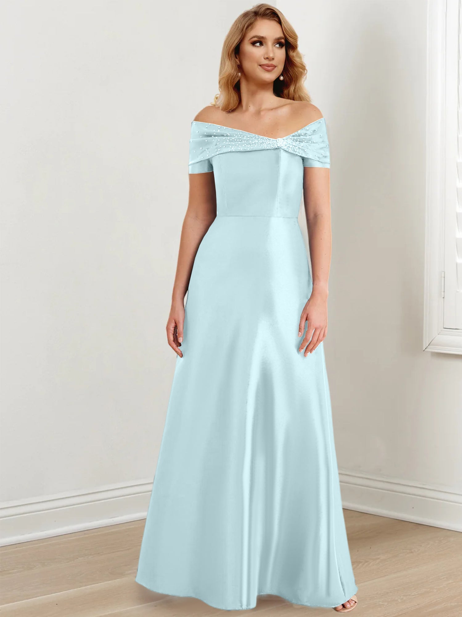 Vestidos de madre de la novia de corte A/princesa, hombros descubiertos y largo hasta el suelo