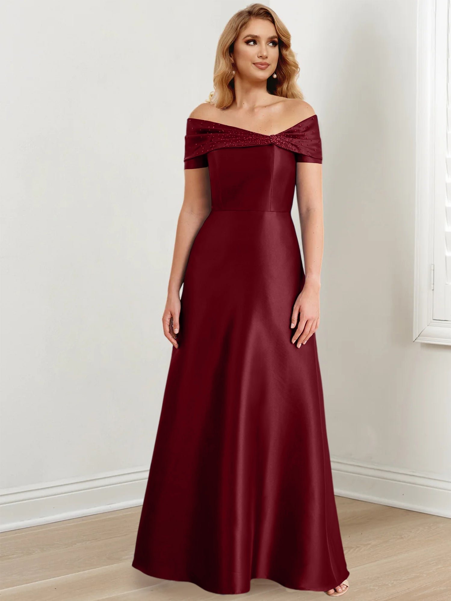 Vestidos de madre de la novia de corte A/princesa, hombros descubiertos y largo hasta el suelo