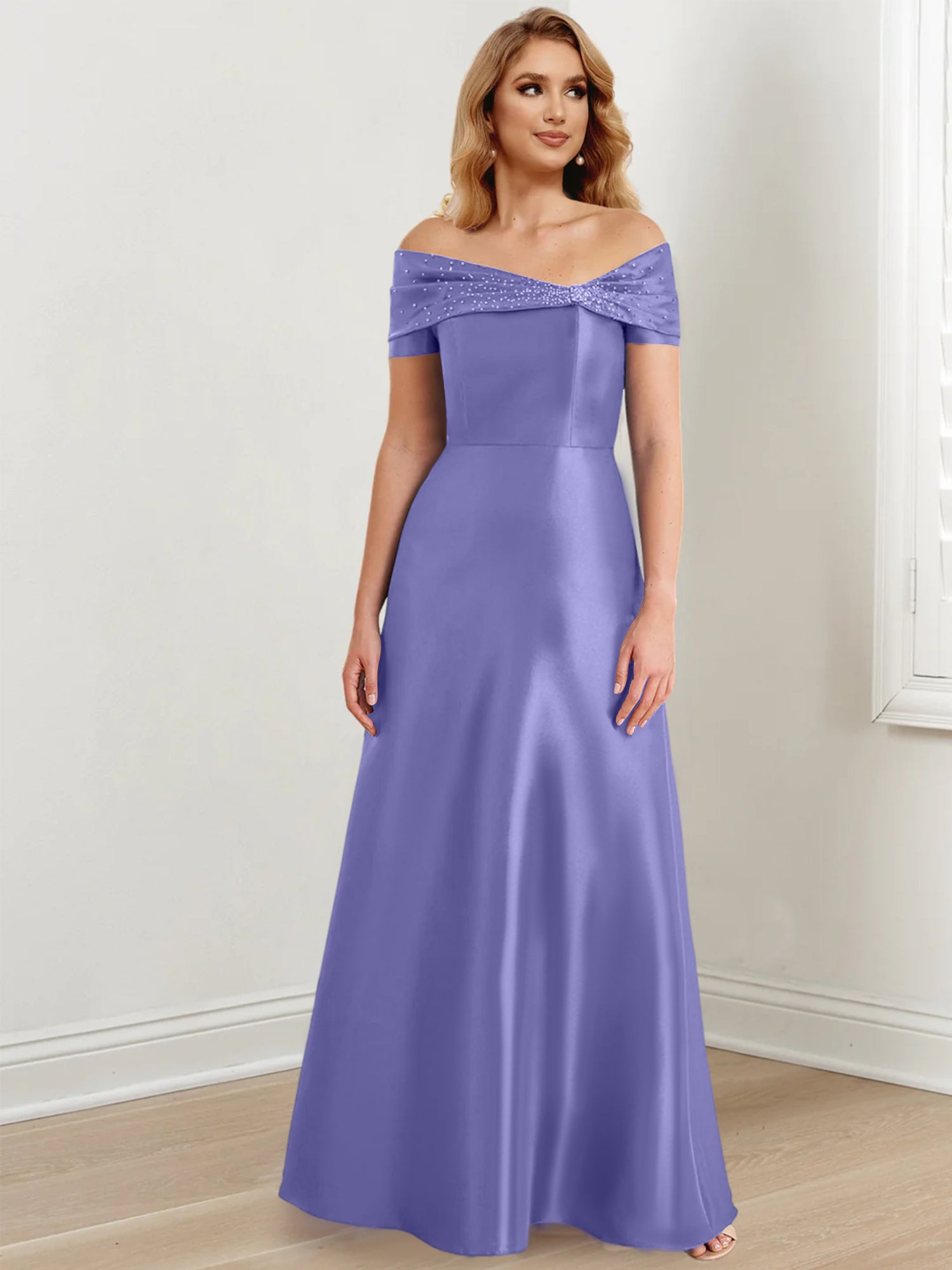 Vestidos de madre de la novia de corte A/princesa, hombros descubiertos y largo hasta el suelo