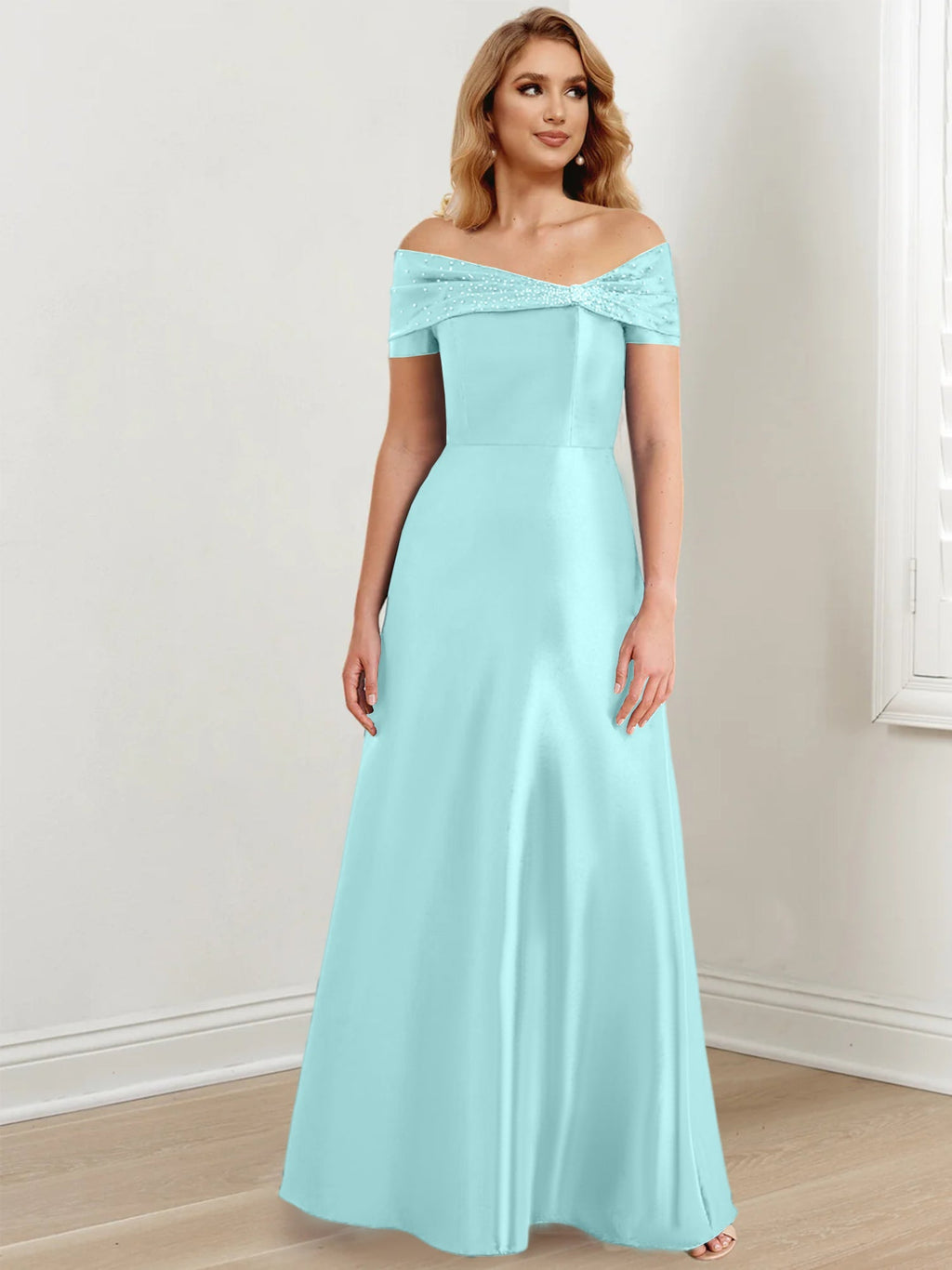 Vestidos de madre de la novia de corte A/princesa, hombros descubiertos y largo hasta el suelo