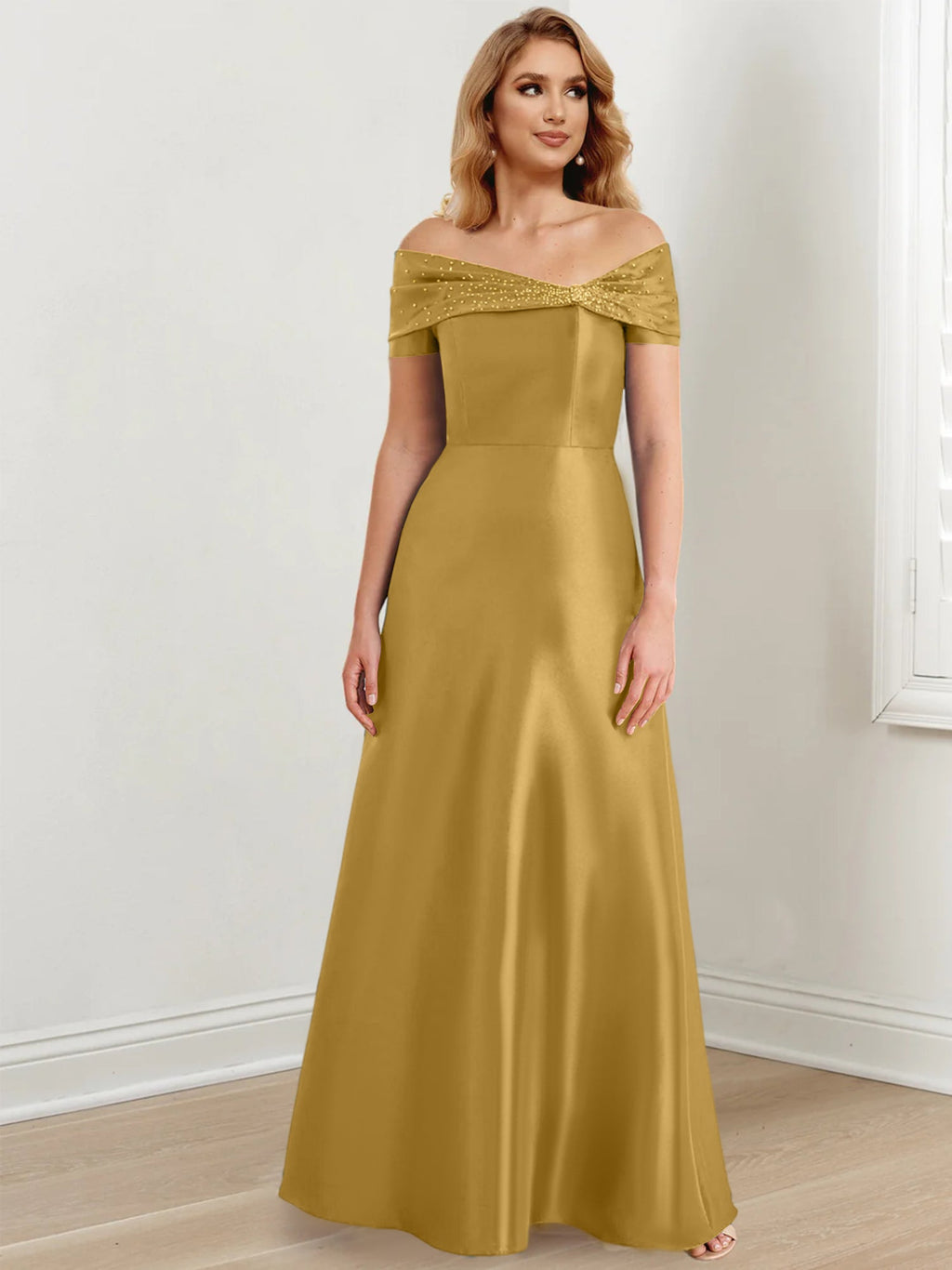 Vestidos de madre de la novia de corte A/princesa, hombros descubiertos y largo hasta el suelo