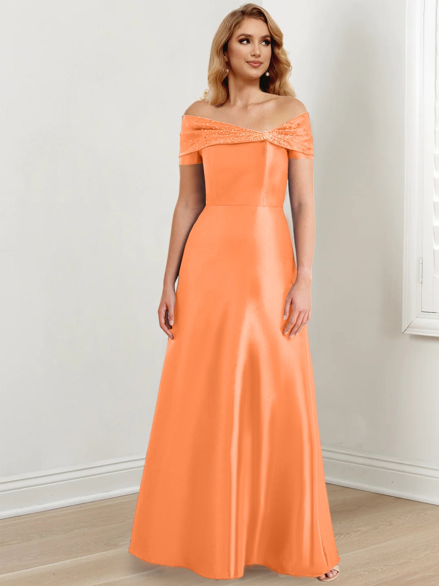 Vestidos de madre de la novia de corte A/princesa, hombros descubiertos y largo hasta el suelo