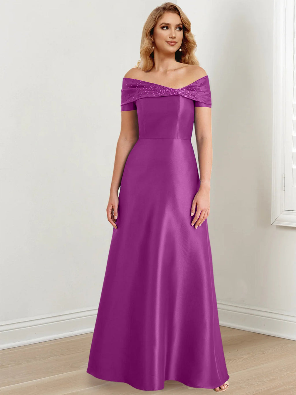 Vestidos de madre de la novia de corte A/princesa, hombros descubiertos y largo hasta el suelo
