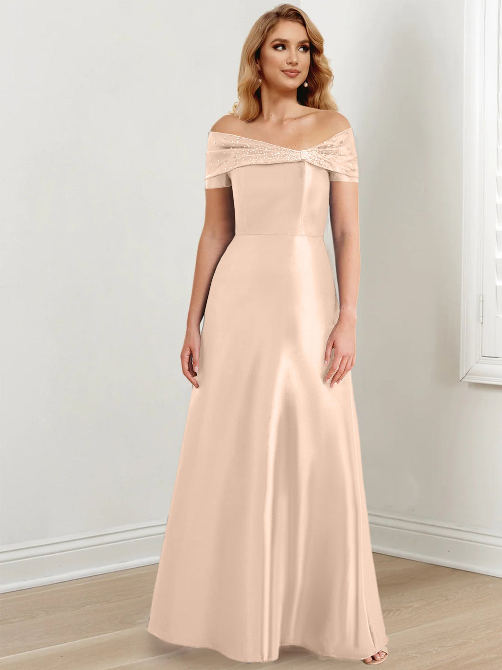 Vestidos de madre de la novia de corte A/princesa, hombros descubiertos y largo hasta el suelo