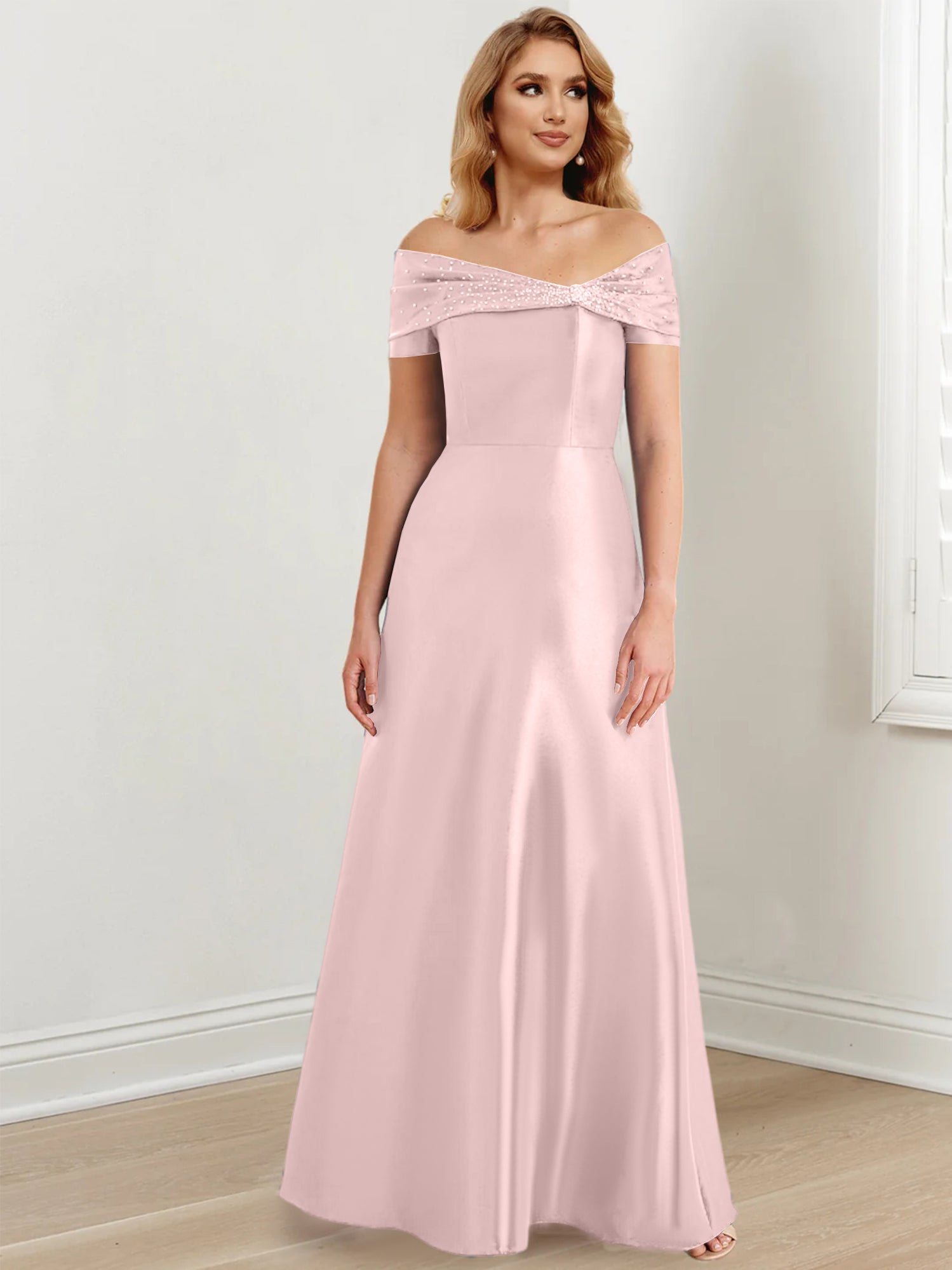 Vestidos de madre de la novia de corte A/princesa, hombros descubiertos y largo hasta el suelo