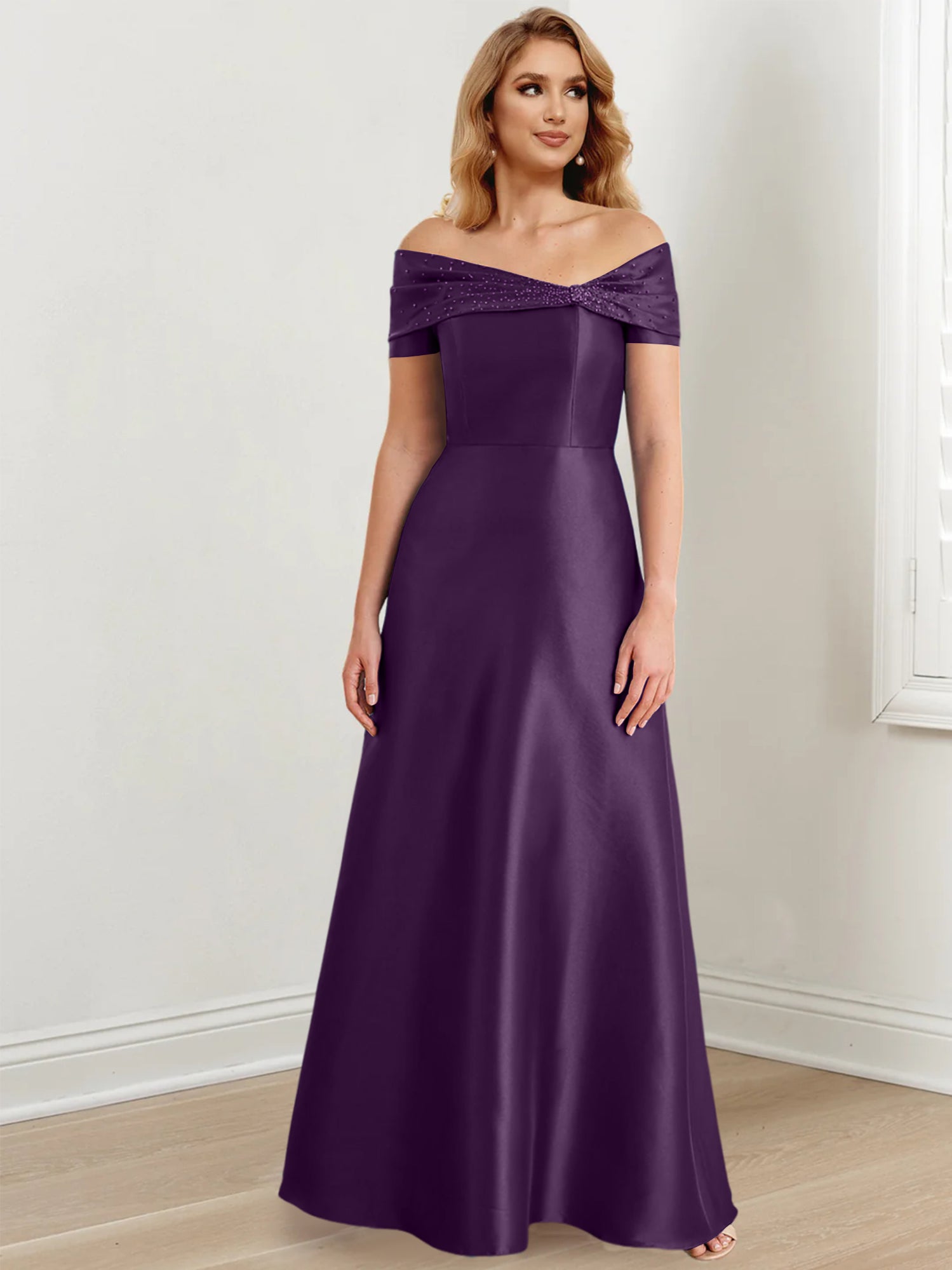 Vestidos de madre de la novia de corte A/princesa, hombros descubiertos y largo hasta el suelo