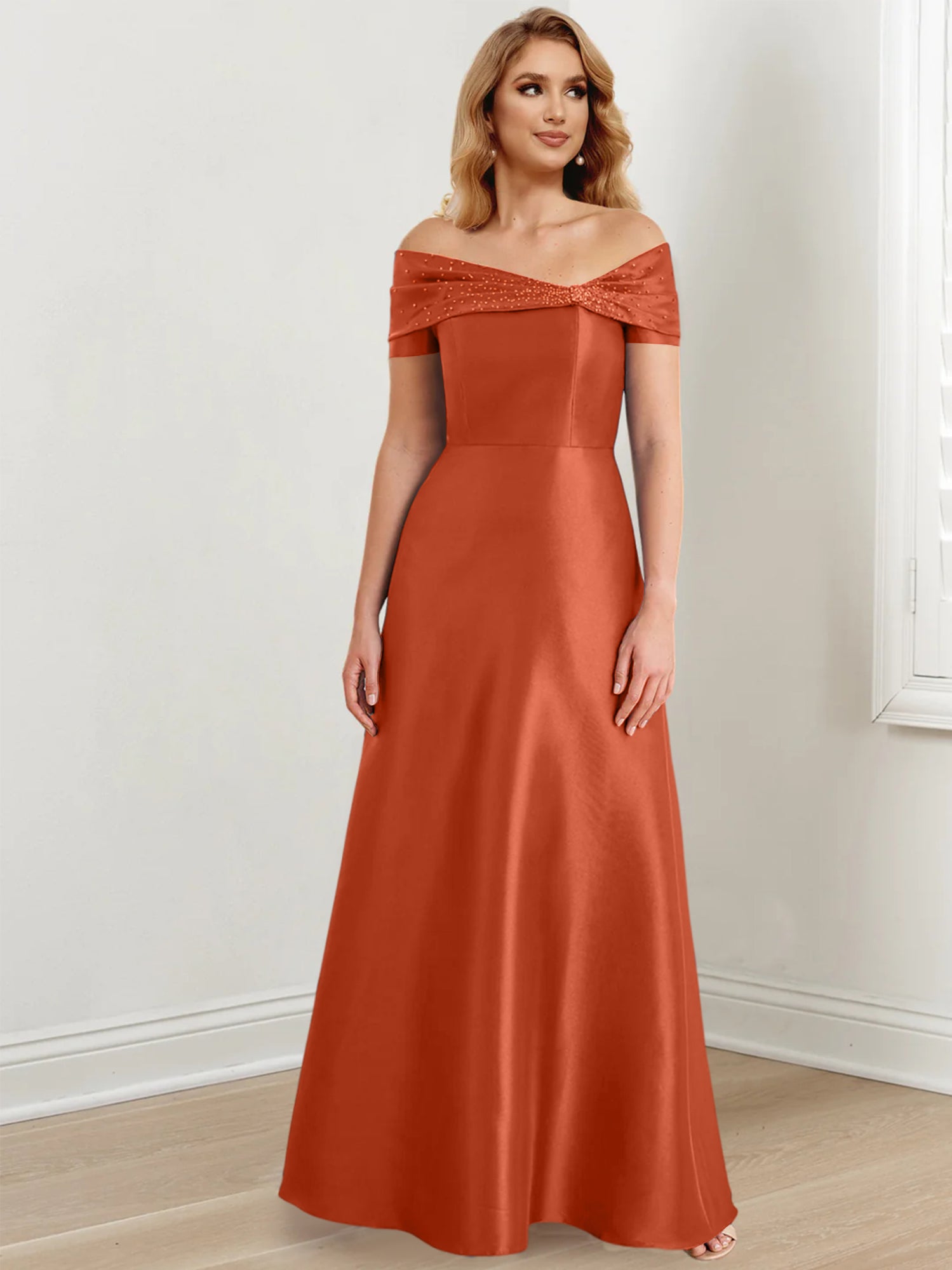 Vestidos de madre de la novia de corte A/princesa, hombros descubiertos y largo hasta el suelo