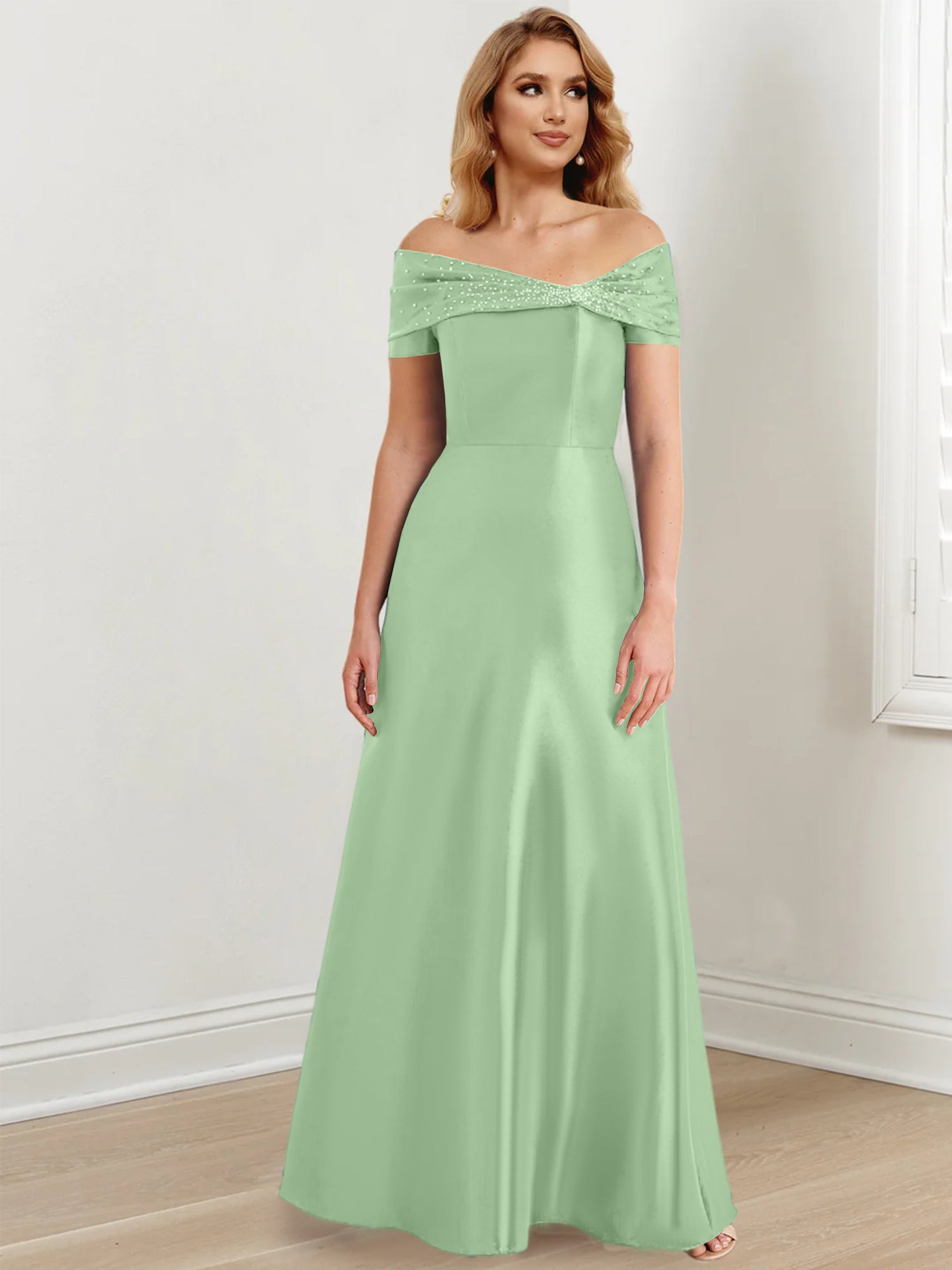Vestidos de madre de la novia de corte A/princesa, hombros descubiertos y largo hasta el suelo