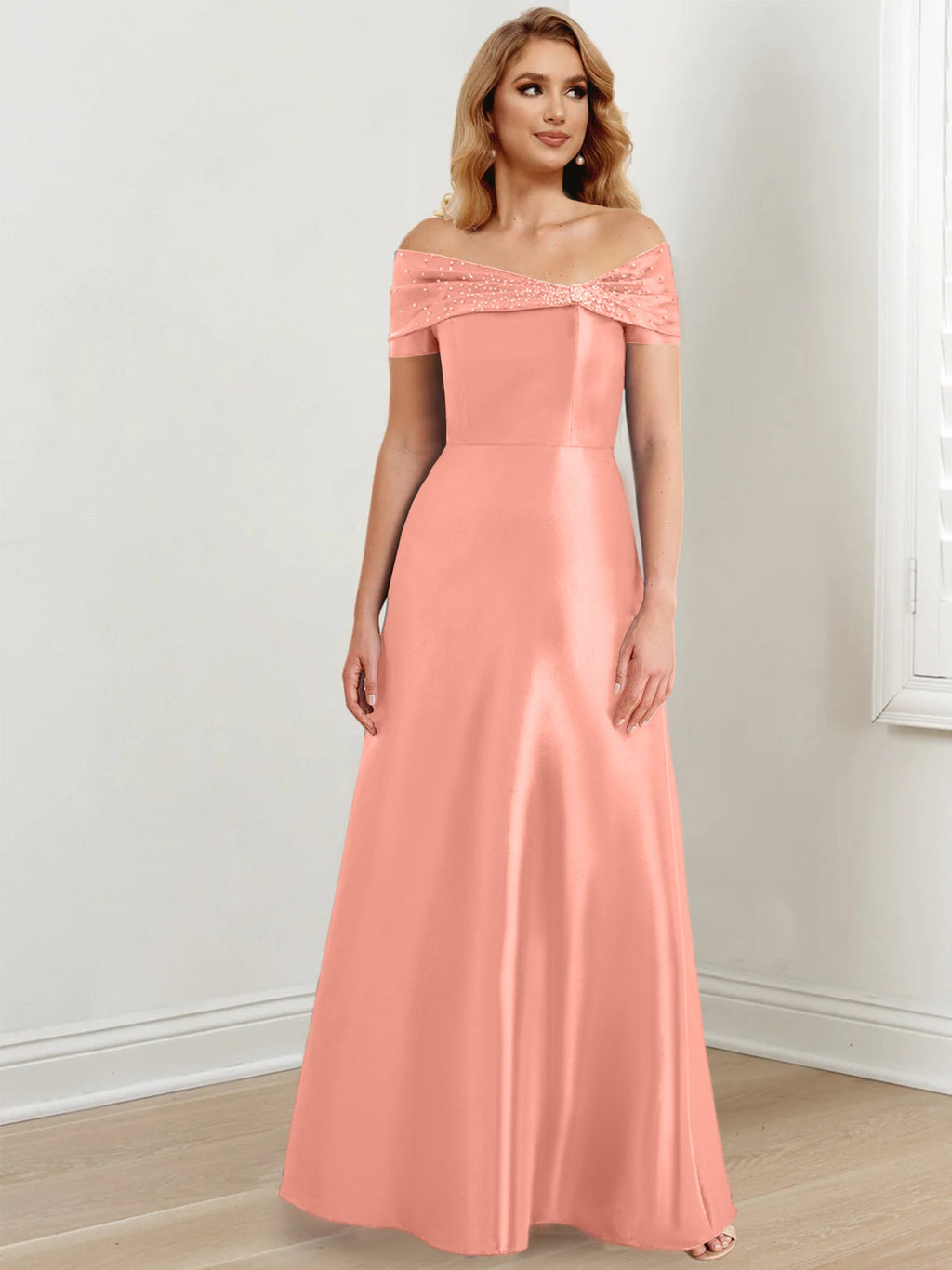 Vestidos de madre de la novia de corte A/princesa, hombros descubiertos y largo hasta el suelo