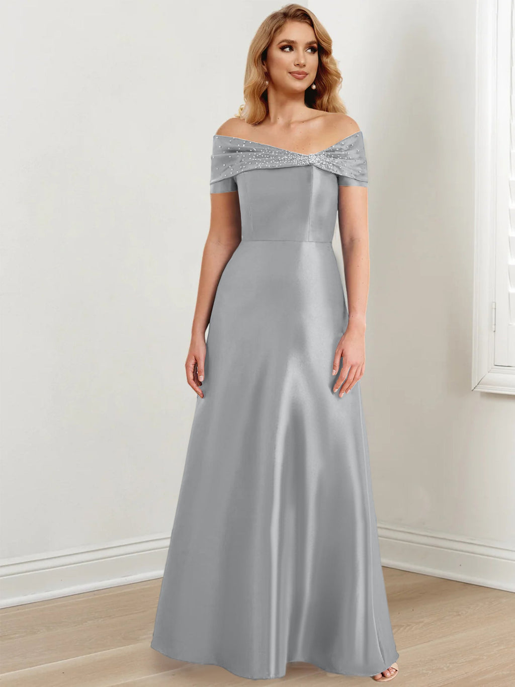 Vestidos de madre de la novia de corte A/princesa, hombros descubiertos y largo hasta el suelo