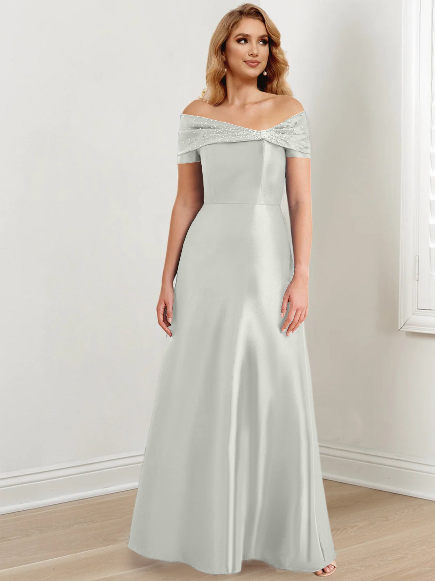 Vestidos de madre de la novia de corte A/princesa, hombros descubiertos y largo hasta el suelo