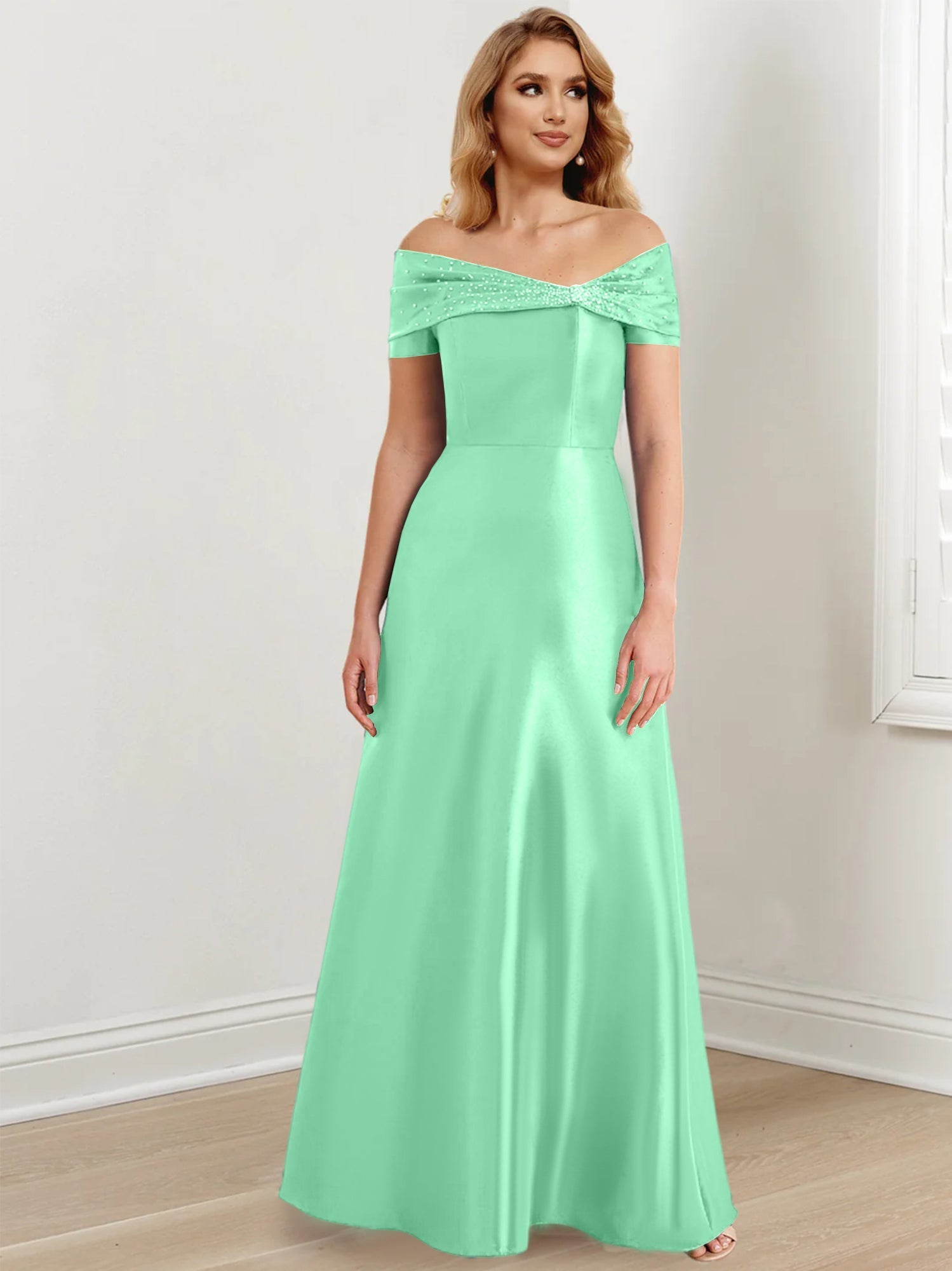 Vestidos de madre de la novia de corte A/princesa, hombros descubiertos y largo hasta el suelo