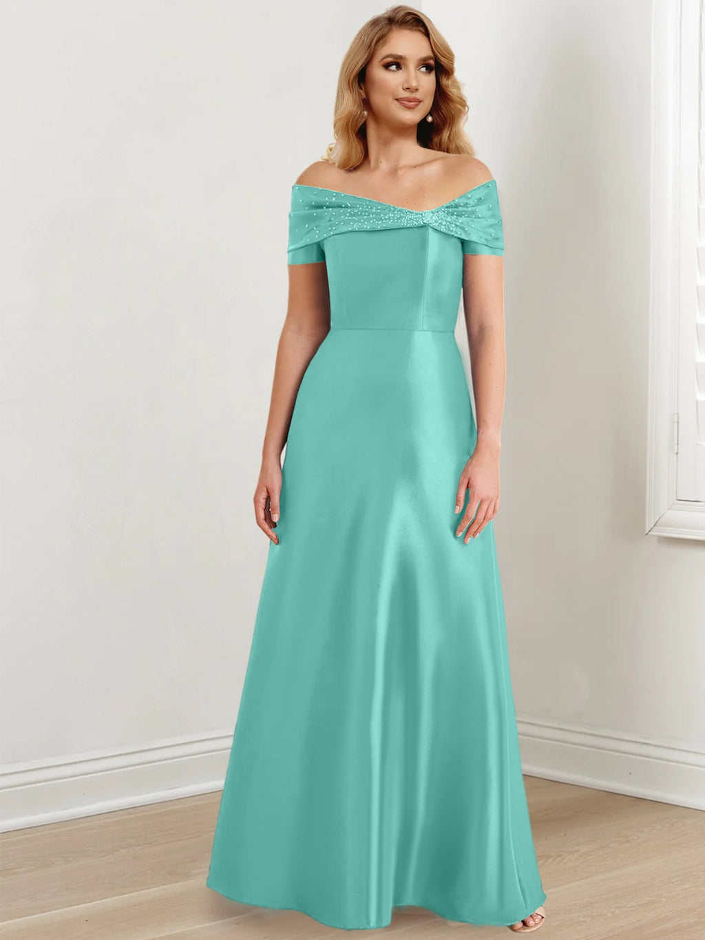 Vestidos de madre de la novia de corte A/princesa, hombros descubiertos y largo hasta el suelo