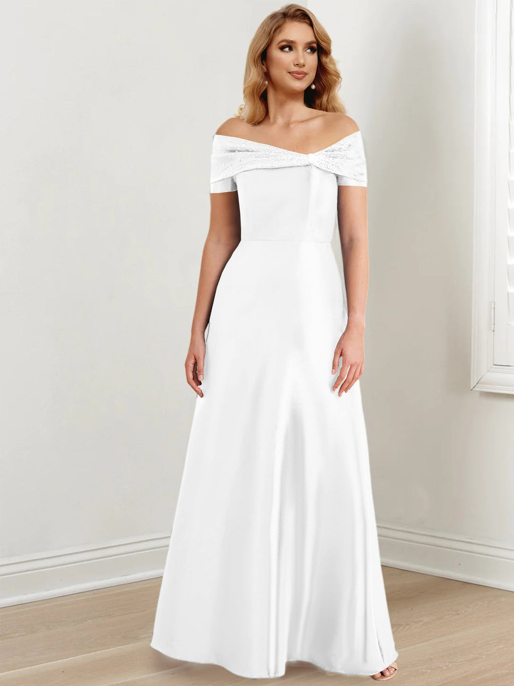 Vestidos de madre de la novia de corte A/princesa, hombros descubiertos y largo hasta el suelo