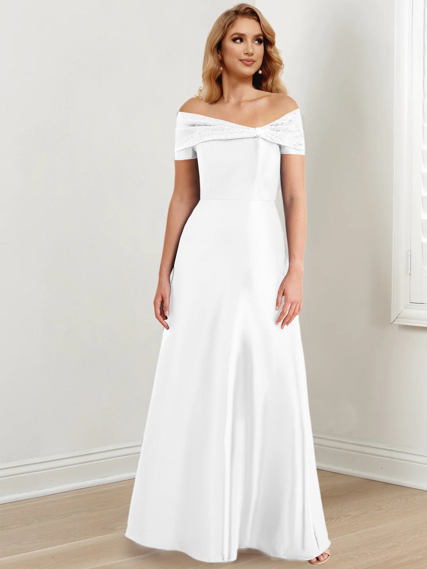 Vestidos de madre de la novia de corte A/princesa, hombros descubiertos y largo hasta el suelo