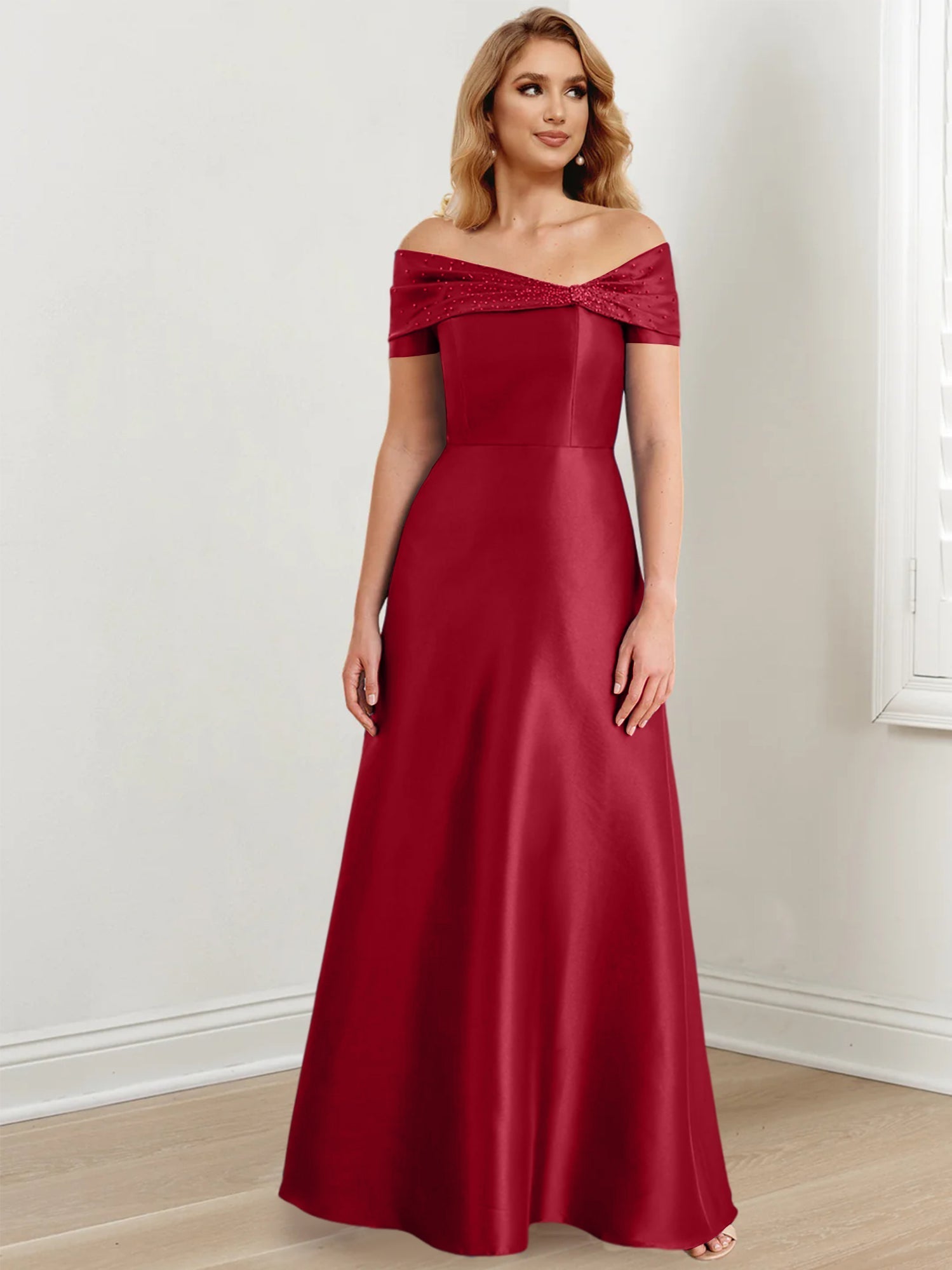 Vestidos de madre de la novia de corte A/princesa, hombros descubiertos y largo hasta el suelo