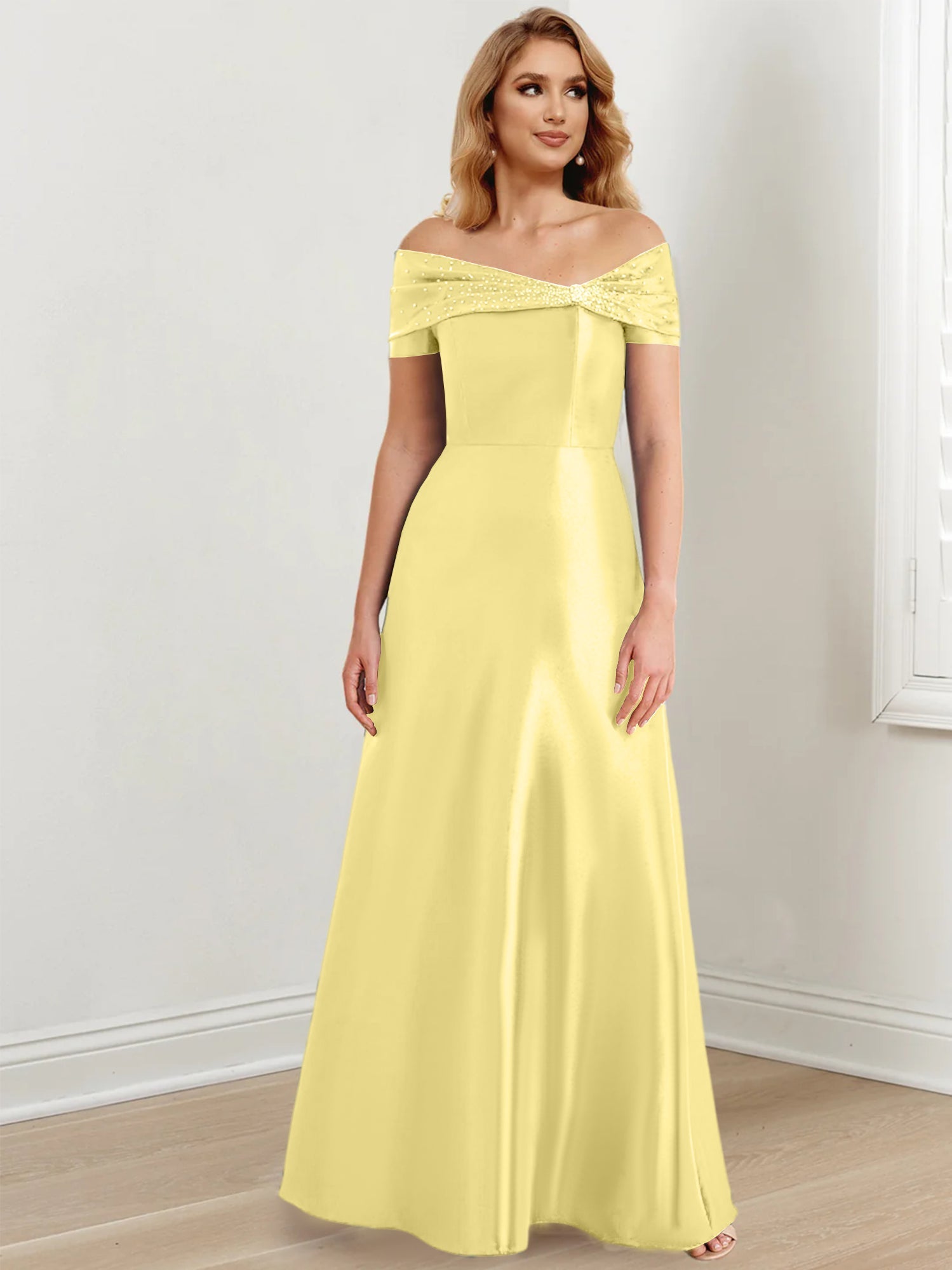 Vestidos de madre de la novia de corte A/princesa, hombros descubiertos y largo hasta el suelo