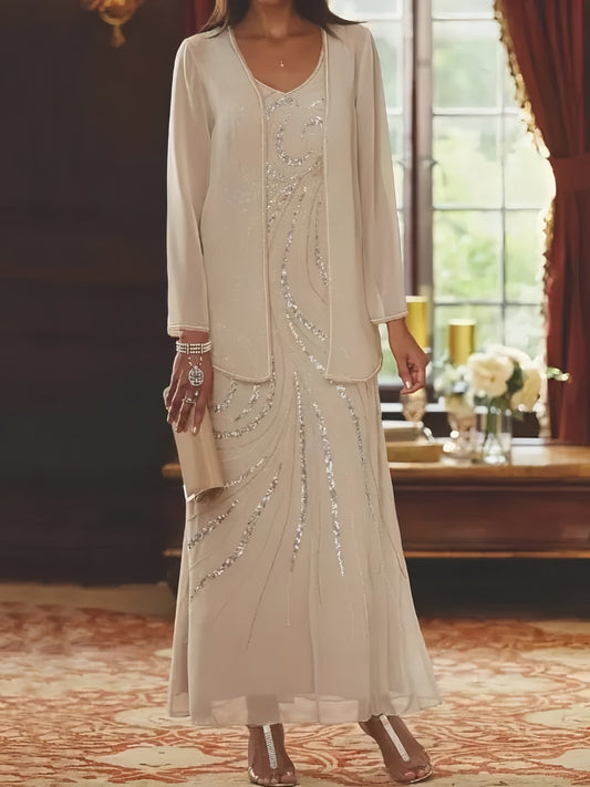 Etui-/Säulen-Kleid mit V-Ausschnitt und Knöchellänge für die Brautmutter mit Jacke und Pailletten 