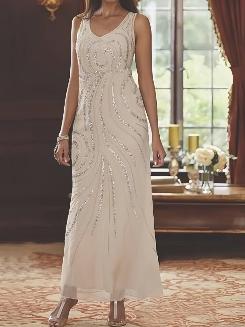 Vestidos de madre de la novia con escote en V, largo hasta los tobillos, con corte tubo/columna, chaqueta y lentejuelas