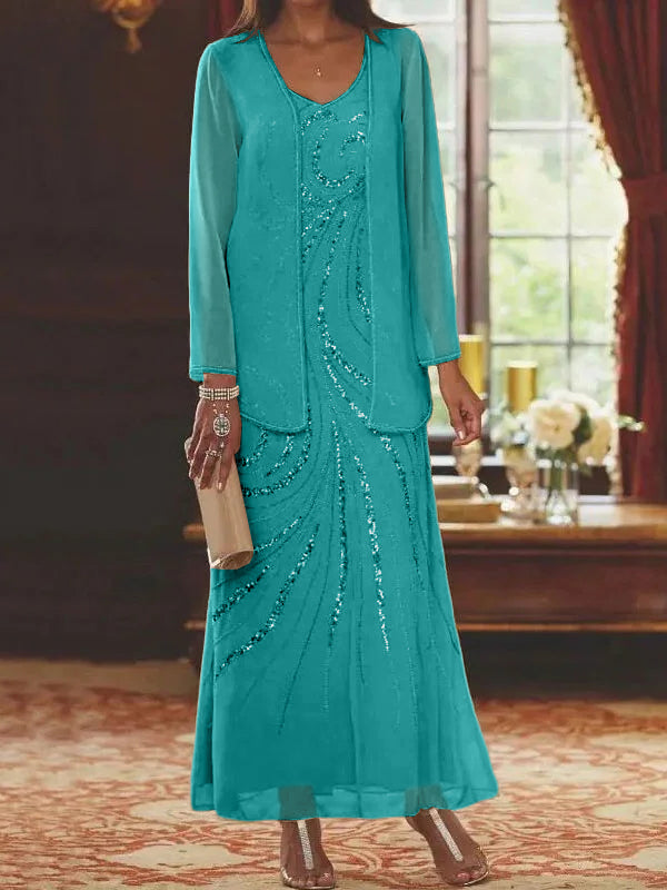 Vestidos de madre de la novia con escote en V, largo hasta los tobillos, con corte tubo/columna, chaqueta y lentejuelas