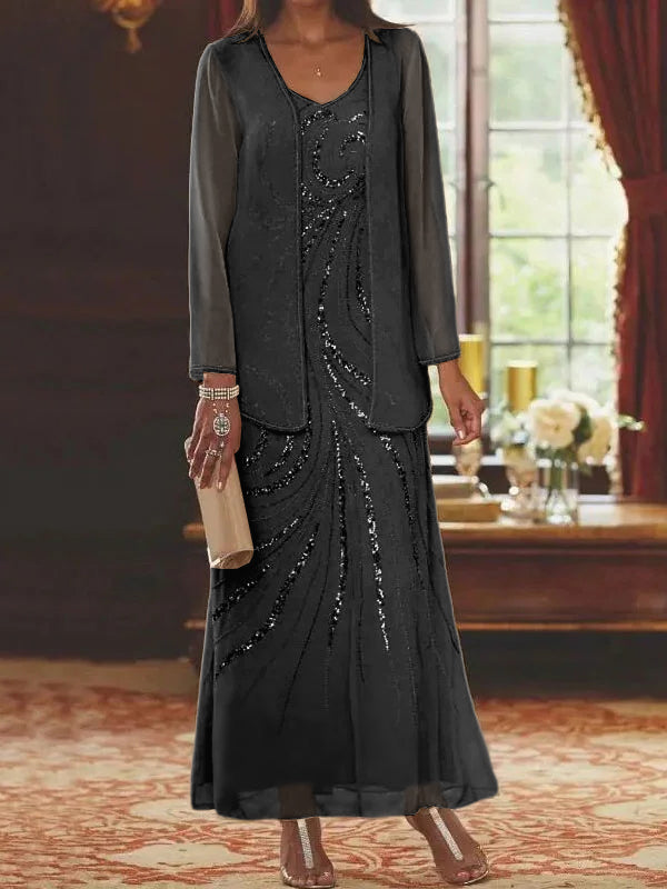 Vestidos de madre de la novia con escote en V, largo hasta los tobillos, con corte tubo/columna, chaqueta y lentejuelas