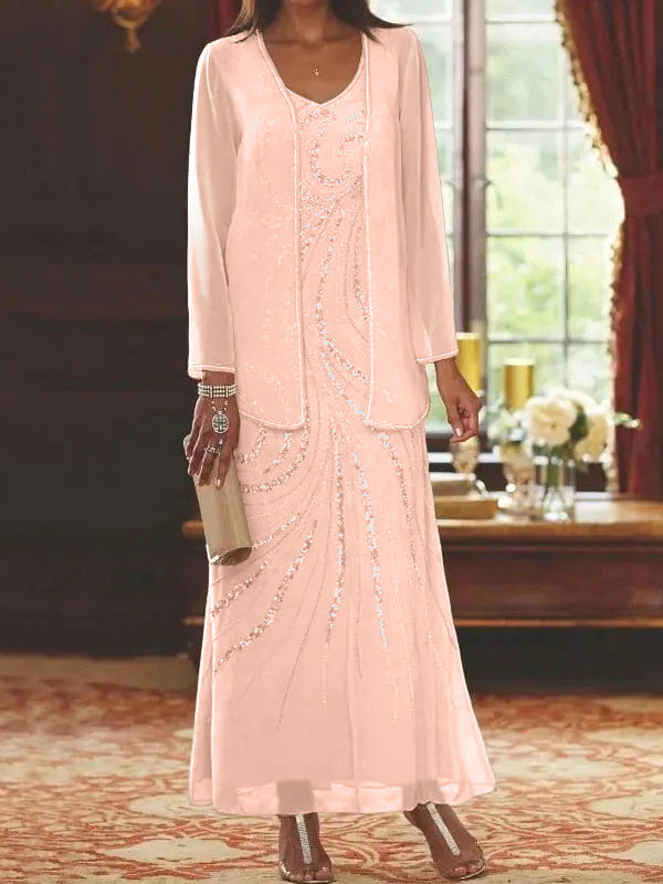 Vestidos de madre de la novia con escote en V, largo hasta los tobillos, con corte tubo/columna, chaqueta y lentejuelas