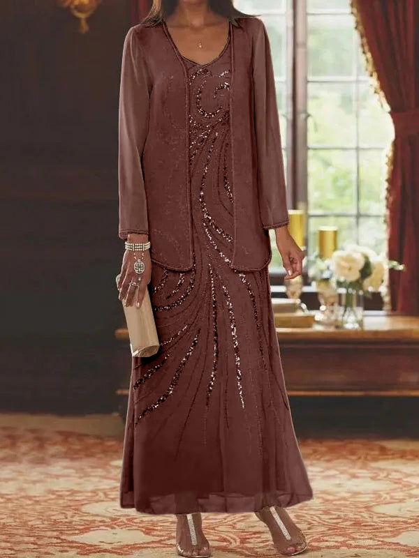 Vestidos de madre de la novia con escote en V, largo hasta los tobillos, con corte tubo/columna, chaqueta y lentejuelas