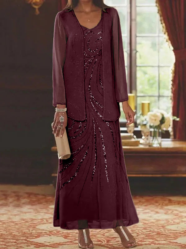 Vestidos de madre de la novia con escote en V, largo hasta los tobillos, con corte tubo/columna, chaqueta y lentejuelas