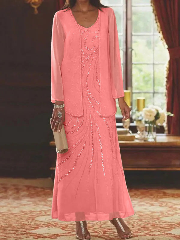 Vestidos de madre de la novia con escote en V, largo hasta los tobillos, con corte tubo/columna, chaqueta y lentejuelas