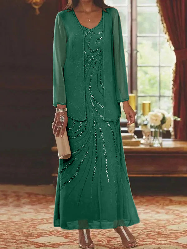 Vestidos de madre de la novia con escote en V, largo hasta los tobillos, con corte tubo/columna, chaqueta y lentejuelas