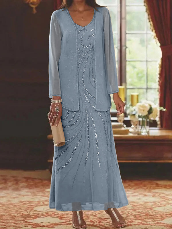 Vestidos de madre de la novia con escote en V, largo hasta los tobillos, con corte tubo/columna, chaqueta y lentejuelas