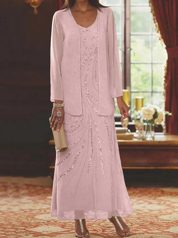 Vestidos de madre de la novia con escote en V, largo hasta los tobillos, con corte tubo/columna, chaqueta y lentejuelas