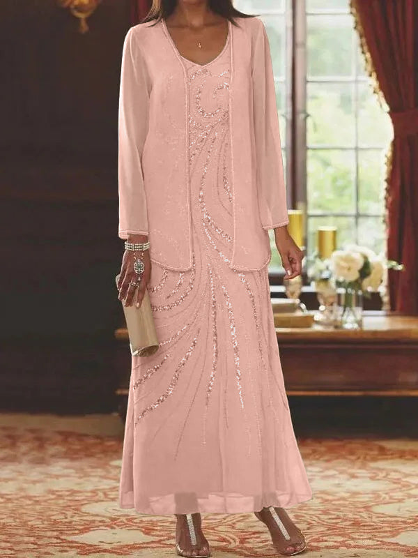 Vestidos de madre de la novia con escote en V, largo hasta los tobillos, con corte tubo/columna, chaqueta y lentejuelas