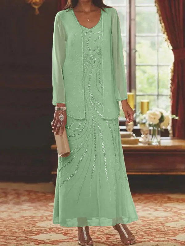 Vestidos de madre de la novia con escote en V, largo hasta los tobillos, con corte tubo/columna, chaqueta y lentejuelas