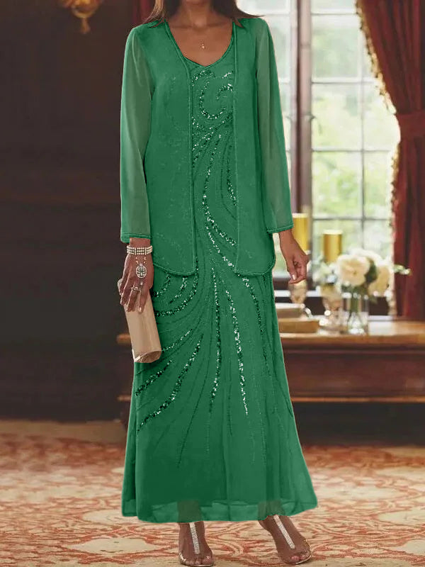 Vestidos de madre de la novia con escote en V, largo hasta los tobillos, con corte tubo/columna, chaqueta y lentejuelas