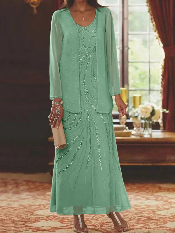Vestidos de madre de la novia con escote en V, largo hasta los tobillos, con corte tubo/columna, chaqueta y lentejuelas