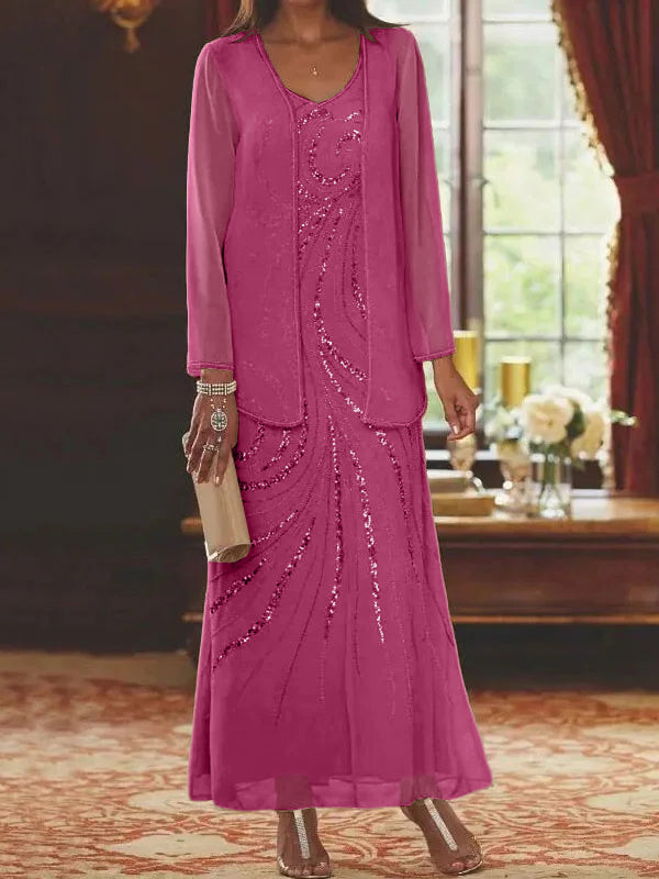 Vestidos de madre de la novia con escote en V, largo hasta los tobillos, con corte tubo/columna, chaqueta y lentejuelas