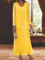 Vestidos de madre de la novia con escote en V, largo hasta los tobillos, con corte tubo/columna, chaqueta y lentejuelas