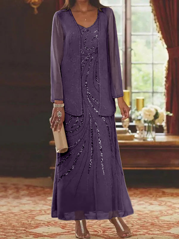 Vestidos de madre de la novia con escote en V, largo hasta los tobillos, con corte tubo/columna, chaqueta y lentejuelas