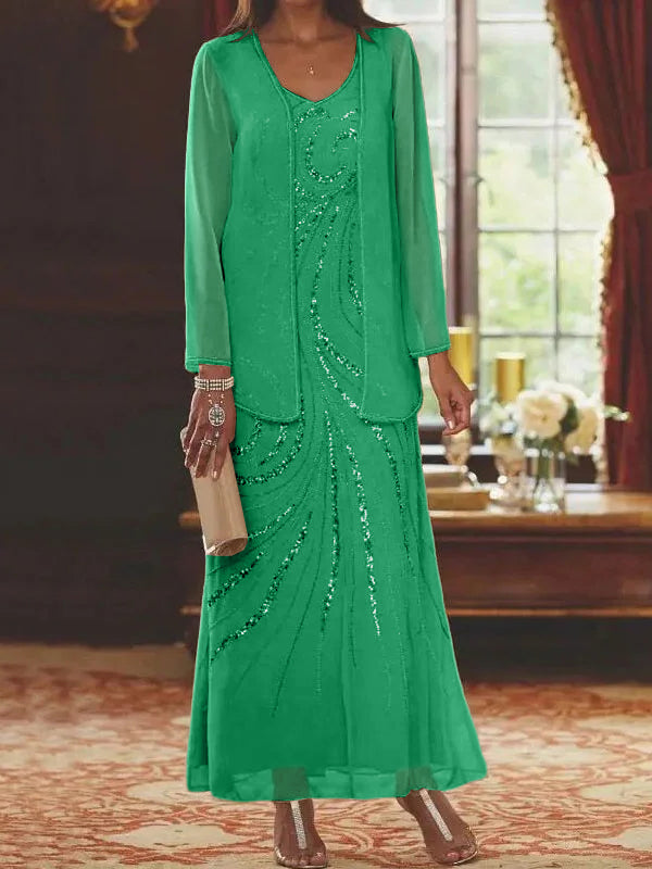 Vestidos de madre de la novia con escote en V, largo hasta los tobillos, con corte tubo/columna, chaqueta y lentejuelas