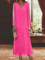 Vestidos de madre de la novia con escote en V, largo hasta los tobillos, con corte tubo/columna, chaqueta y lentejuelas