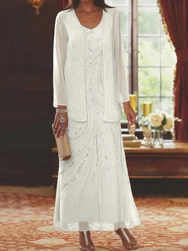 Vestidos de madre de la novia con escote en V, largo hasta los tobillos, con corte tubo/columna, chaqueta y lentejuelas
