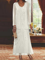 Vestidos de madre de la novia con escote en V, largo hasta los tobillos, con corte tubo/columna, chaqueta y lentejuelas