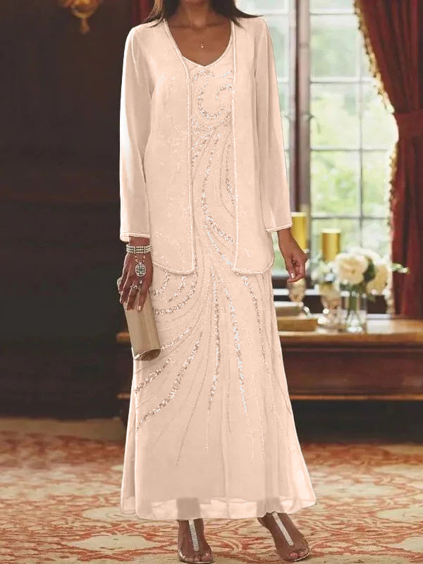 Vestidos de madre de la novia con escote en V, largo hasta los tobillos, con corte tubo/columna, chaqueta y lentejuelas