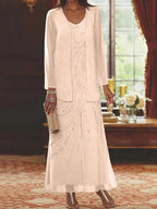Vestidos de madre de la novia con escote en V, largo hasta los tobillos, con corte tubo/columna, chaqueta y lentejuelas