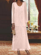 Vestidos de madre de la novia con escote en V, largo hasta los tobillos, con corte tubo/columna, chaqueta y lentejuelas