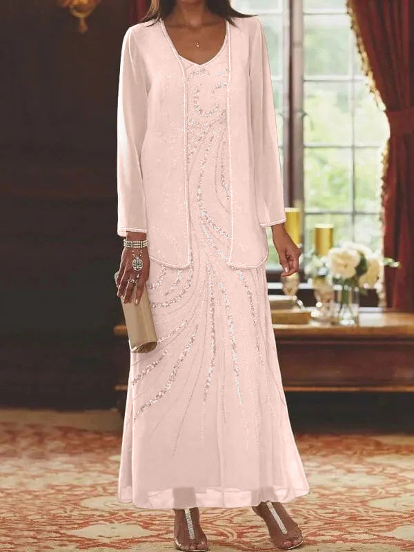 Vestidos de madre de la novia con escote en V, largo hasta los tobillos, con corte tubo/columna, chaqueta y lentejuelas