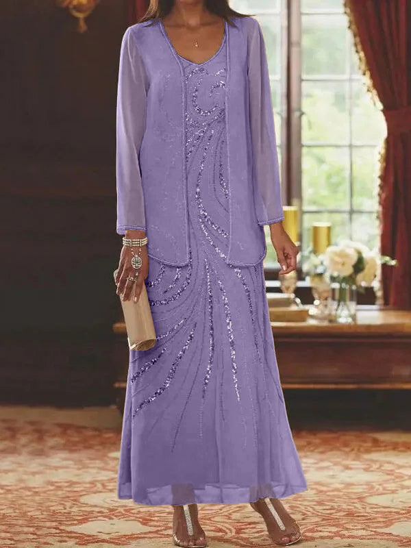 Vestidos de madre de la novia con escote en V, largo hasta los tobillos, con corte tubo/columna, chaqueta y lentejuelas