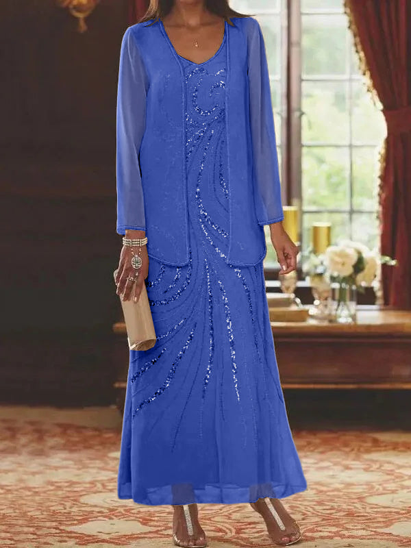 Vestidos de madre de la novia con escote en V, largo hasta los tobillos, con corte tubo/columna, chaqueta y lentejuelas